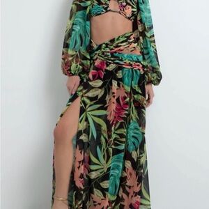 PatBO Tropicalia Slit Maxi Skirt in Black